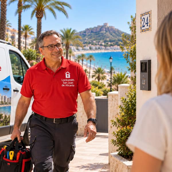 A man in a red polo with a tool bag walks under palm trees towards a cream wall with a tiled number 24, where a woman waits by an entry phone
